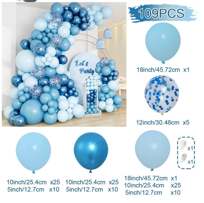109Pcs Metallic And Light Blue Balloons Arch Garland Kit Baby Shower Birthday Party Wedding Decor