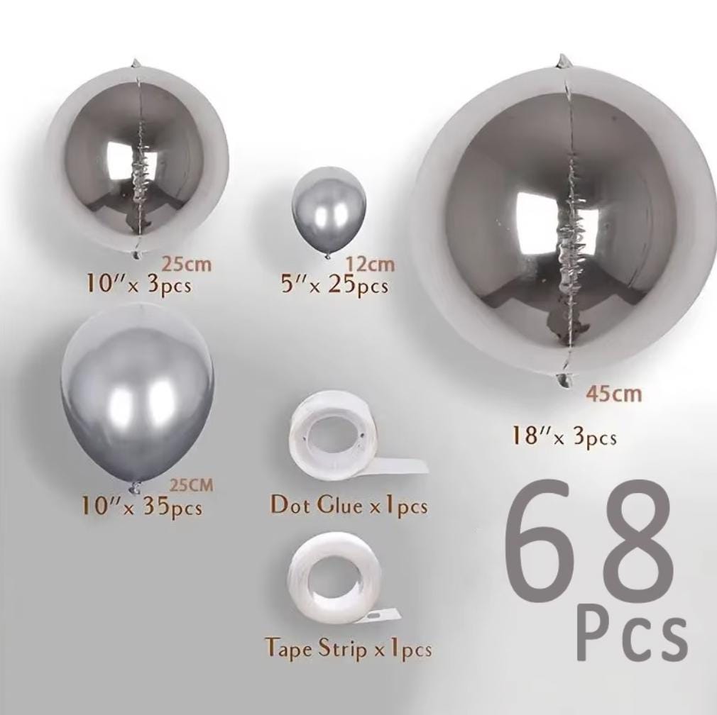 68Pcs Metallic Silver Reflective Orb Chrome Balloon Garland Set Kit | Birthdays, Celebrations, Party Decor, Kids Parties,Graduation Ceremony