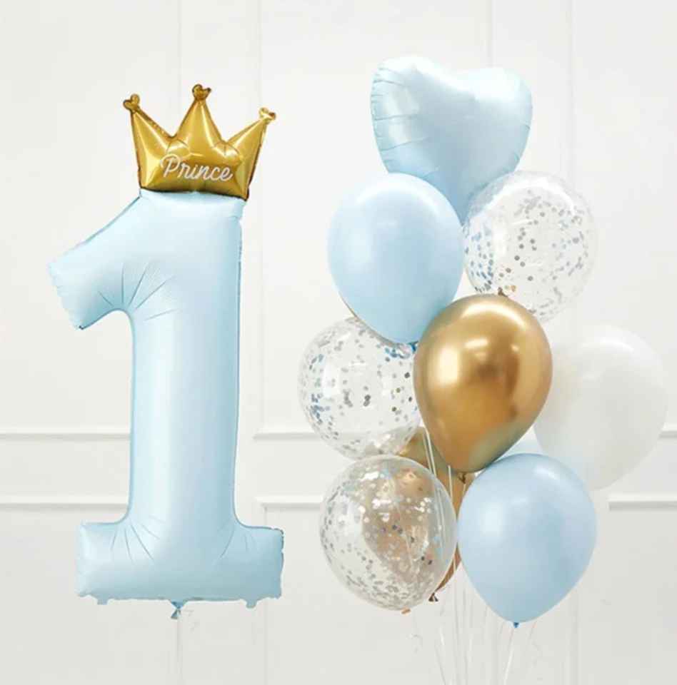 40" 1st Birthday Blue Balloon Bundle Set - 'Prince' Crown Design - Easy Setup - Gold, White, Blue Confetti Balloons Included - Perfect for Baby Boys