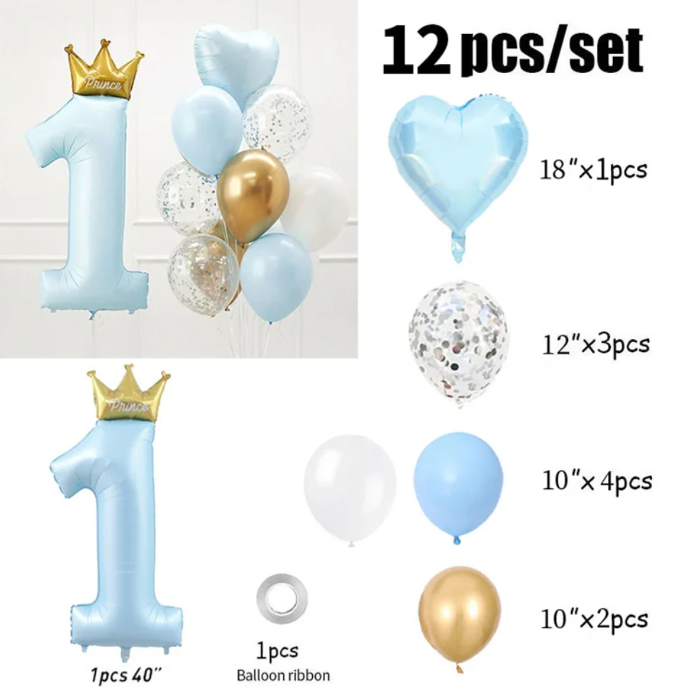 40" 1st Birthday Blue Balloon Bundle Set - 'Prince' Crown Design - Easy Setup - Gold, White, Blue Confetti Balloons Included - Perfect for Baby Boys