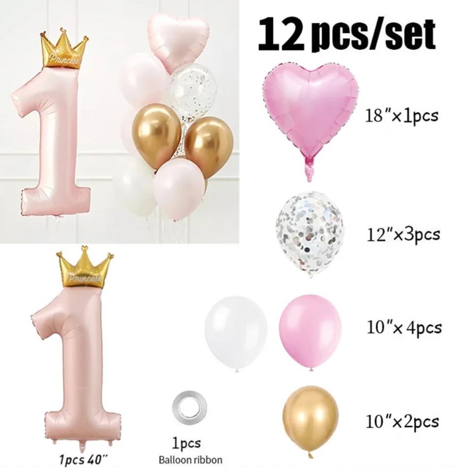 40" 1st Birthday Pink Balloon Bundle Set - 'Princess' Crown Design - Easy Setup - Gold, White, Pink Confetti Balloons Included - Perfect for Baby Girls