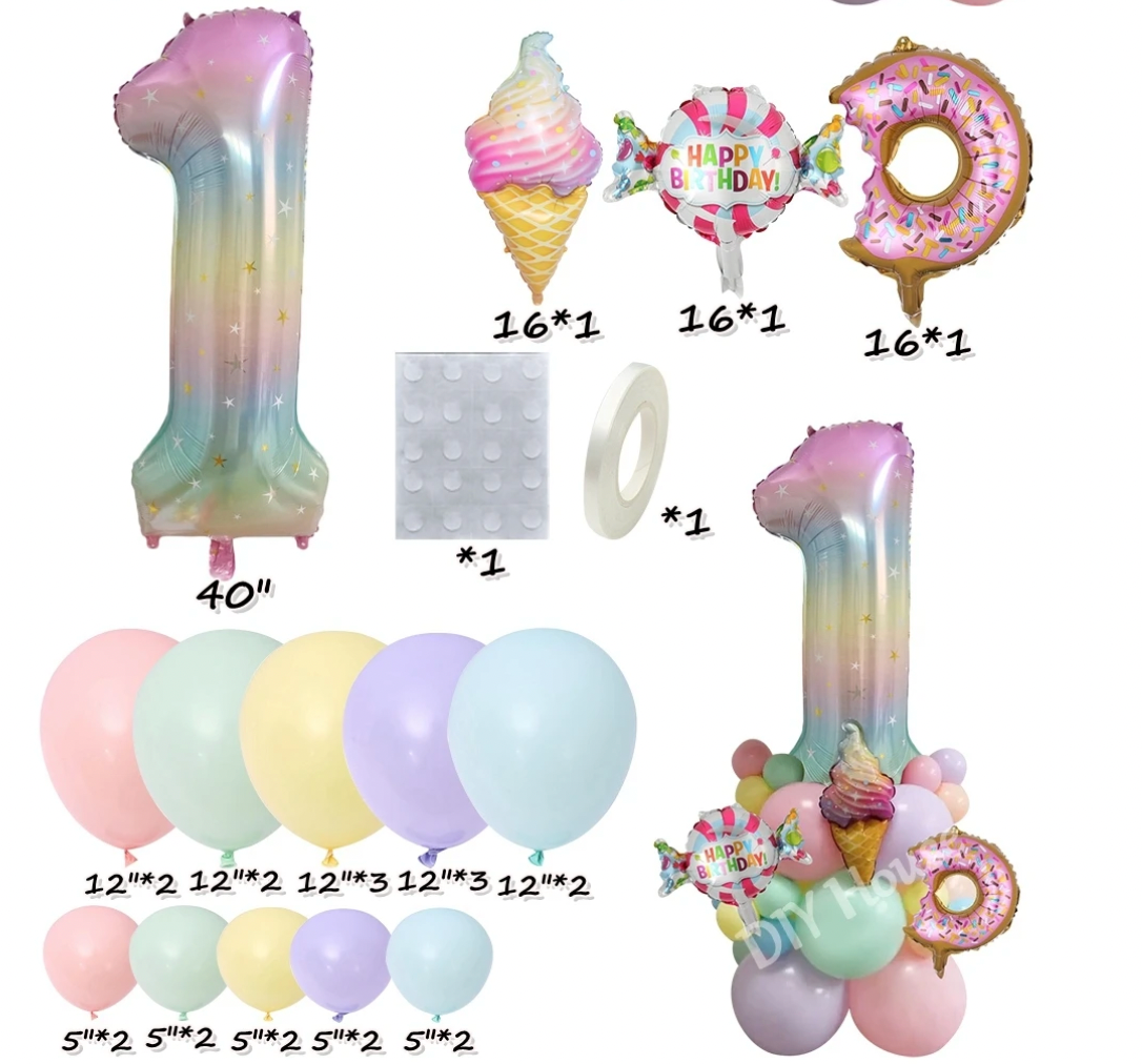 28Pcs Sweet Theme Rainbow Gradient DIY Balloon Tower Bundle Featuring Ice Cream Sweets And Donuts 0-9 Age Balloons