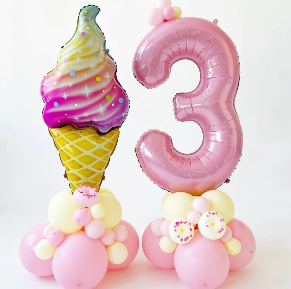 28Pcs Sweet Theme Rainbow Gradient DIY Balloon Tower Bundle Featuring Ice Cream Sweets And Donuts 0-9 Age Balloons