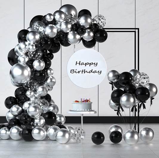 126Pcs Black And Chrome Metallic Silver And Confetti Balloon Garland Arch Kit Bundle Latex Decoration