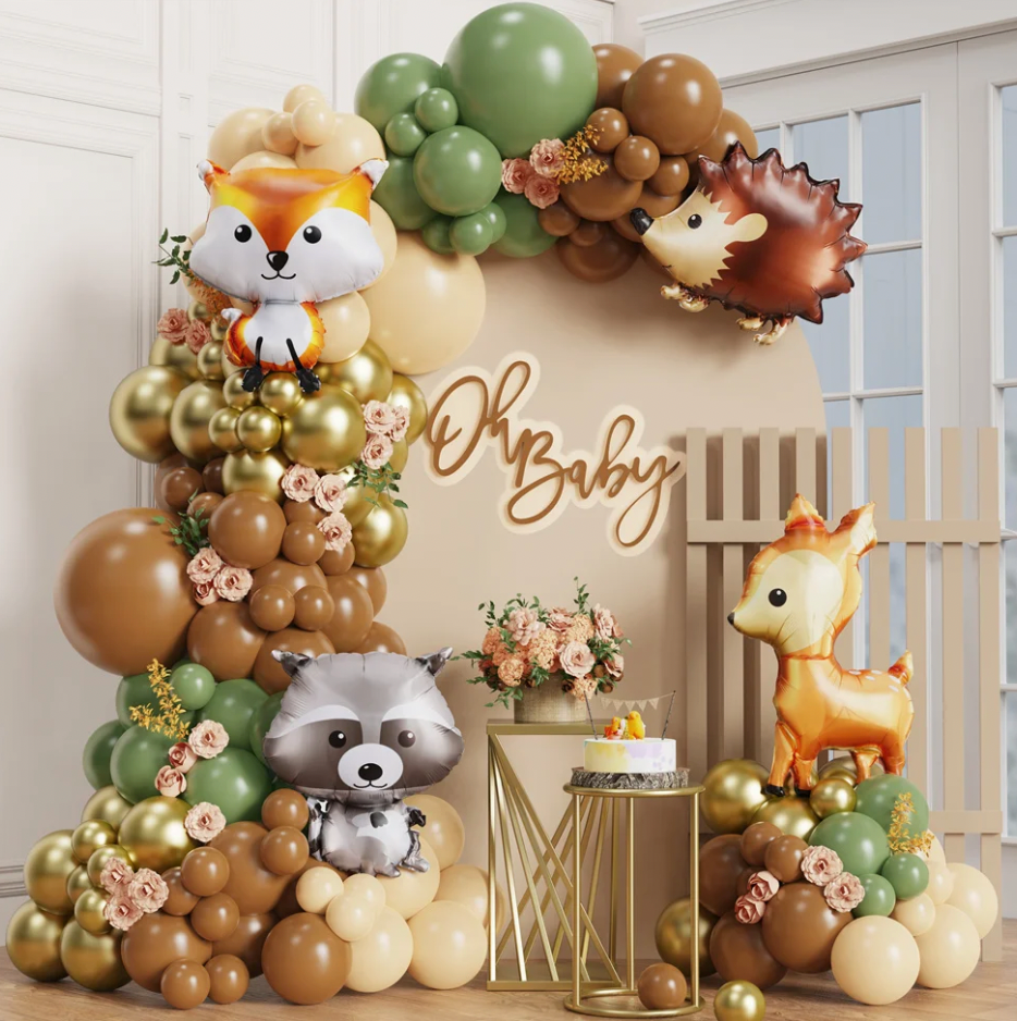 119PCS Green And Brown Wildlife Safari Jungle Themed Balloon Arch Kit Set Features A Deer, Fox, Hedgehog and Koala