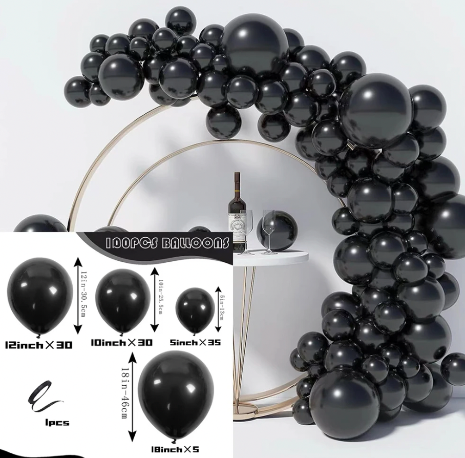 100Pcs Black Matte Garland Arch Kit Bundle Latex Birthday Celebration Decoration