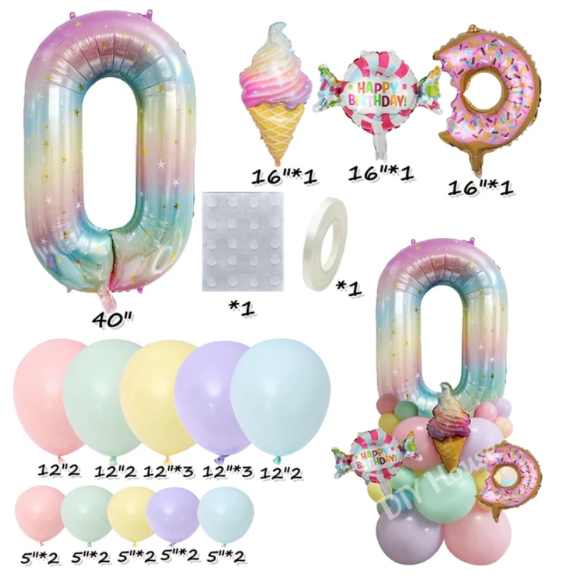 28Pcs Sweet Theme Rainbow Gradient DIY Balloon Tower Bundle Featuring Ice Cream Sweets And Donuts 0-9 Age Balloons