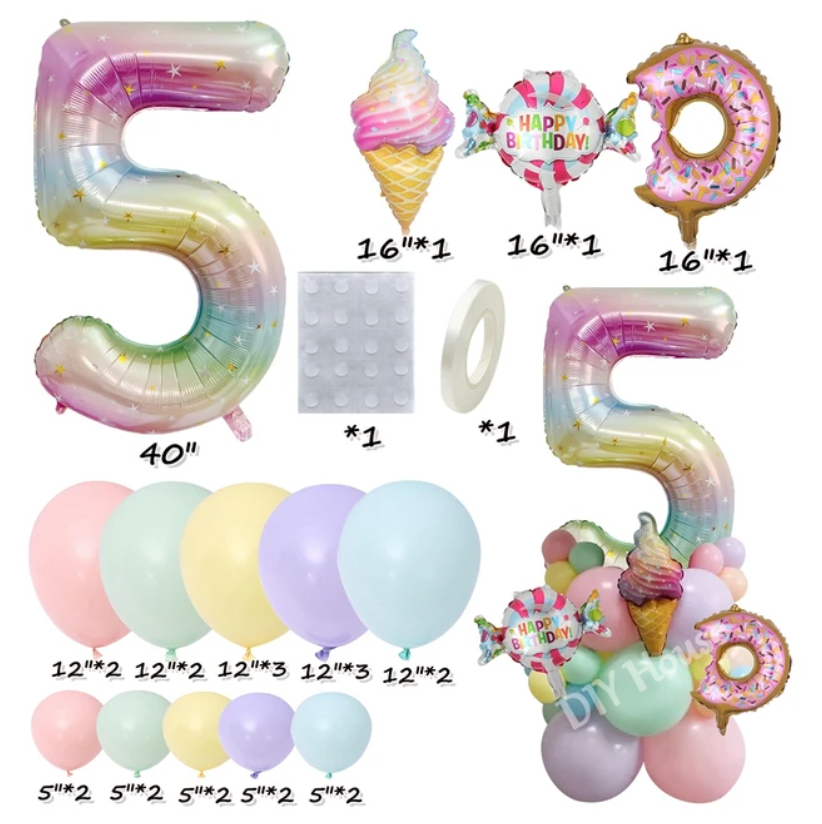 28Pcs Sweet Theme Rainbow Gradient DIY Balloon Tower Bundle Featuring Ice Cream Sweets And Donuts 0-9 Age Balloons