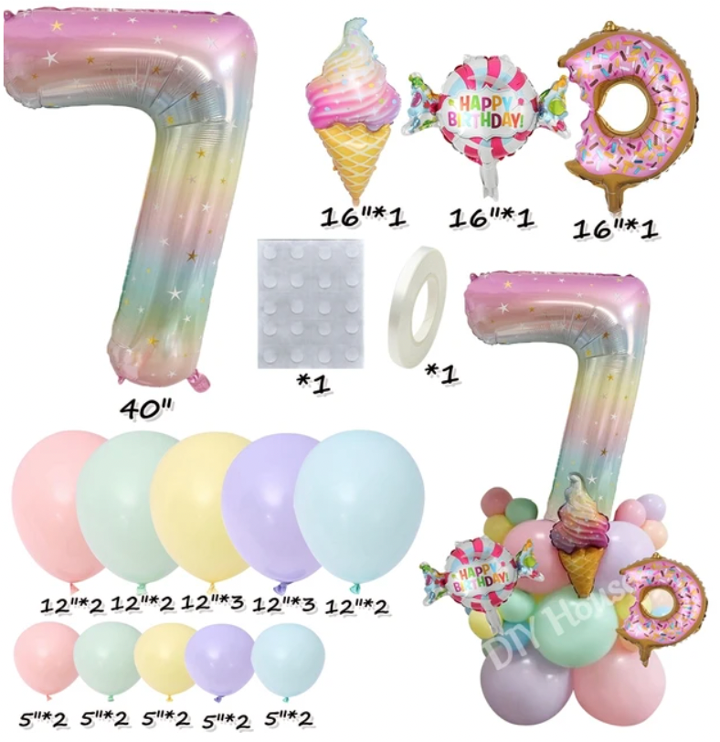 28Pcs Sweet Theme Rainbow Gradient DIY Balloon Tower Bundle Featuring Ice Cream Sweets And Donuts 0-9 Age Balloons