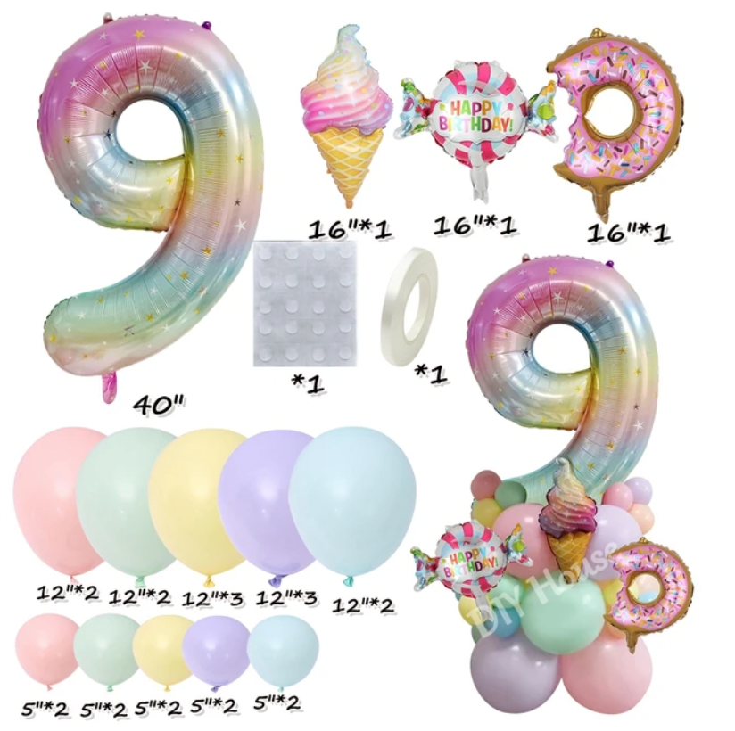 28Pcs Sweet Theme Rainbow Gradient DIY Balloon Tower Bundle Featuring Ice Cream Sweets And Donuts 0-9 Age Balloons